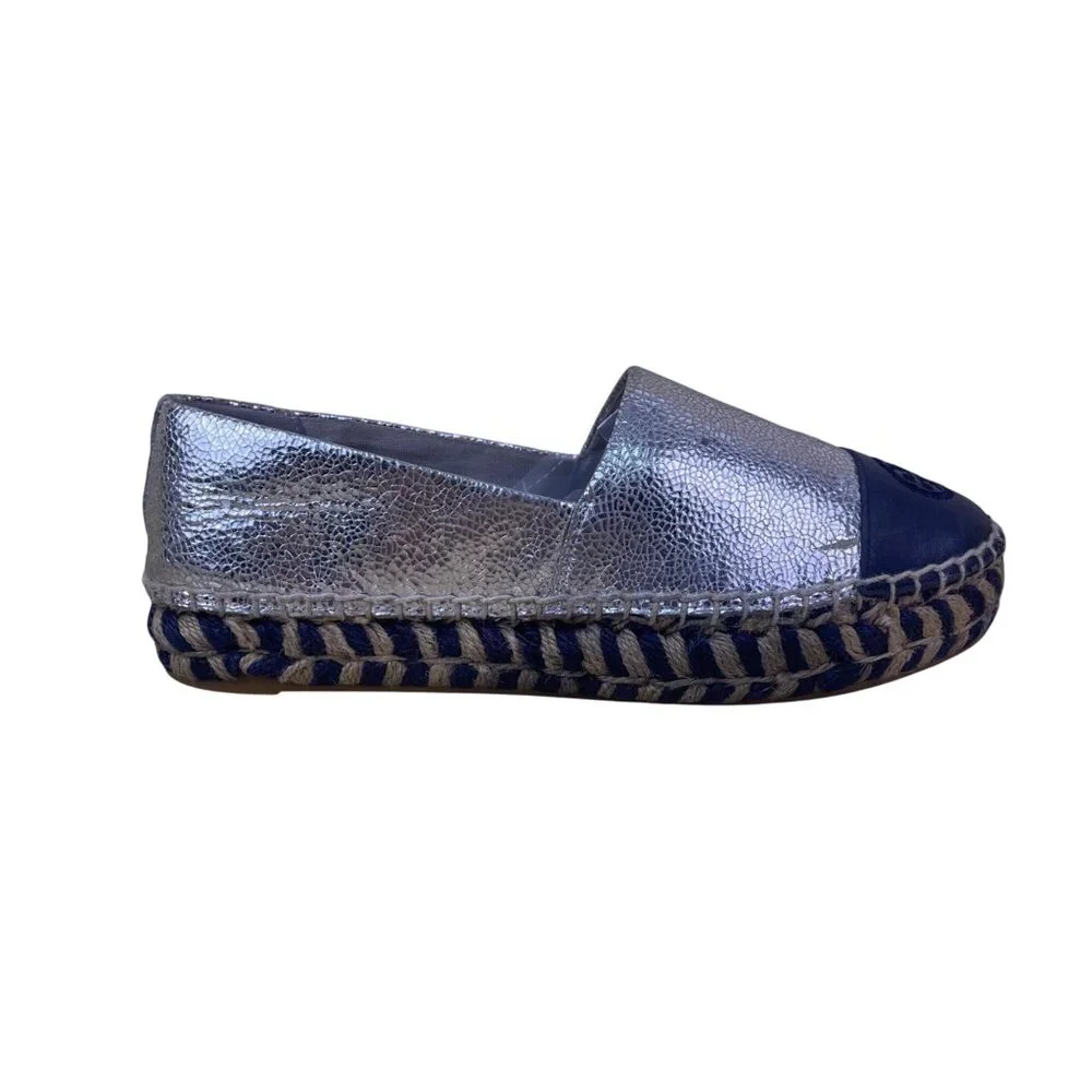 Tory Burch Silver Metallic and Navy Espadrille Flats